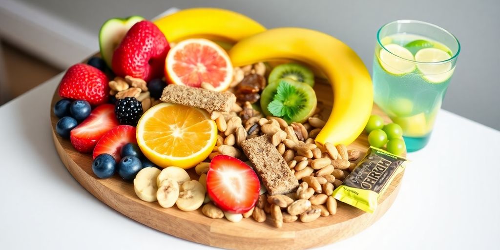 Healthy snacks and drinks for POTS sufferers on platter.