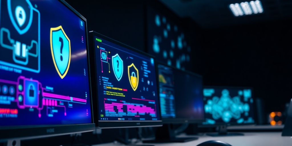Cybersecurity workstation with digital security interfaces displayed.
