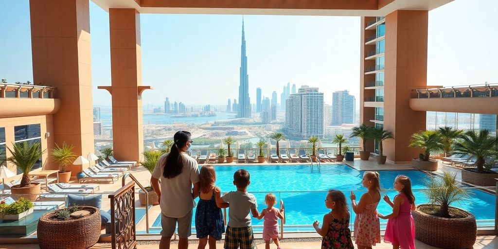 Family at a hotel pool in Dubai.