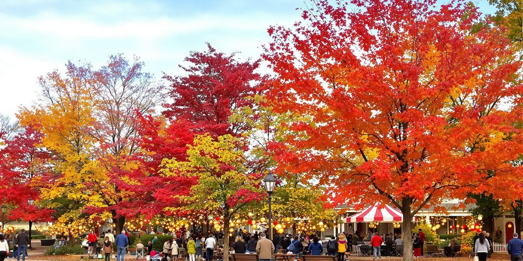 Vibrant autumn leaves frame a lively festival scene.