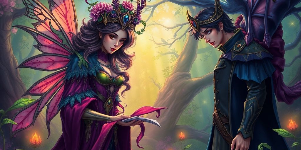 Ilustração de príncipes e fadas em um mundo mágico.