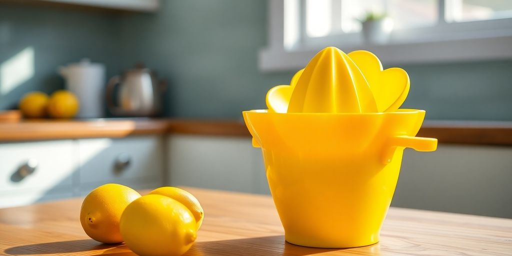 Flowerpot-shaped lemon juicer with lemons on a countertop.