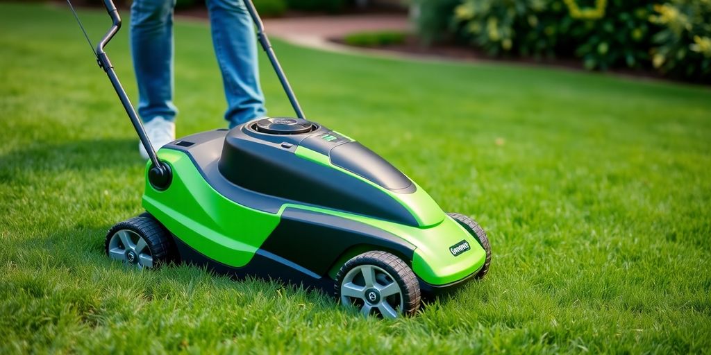 Greenworks brushless lawn mower cutting grass in sunny garden.