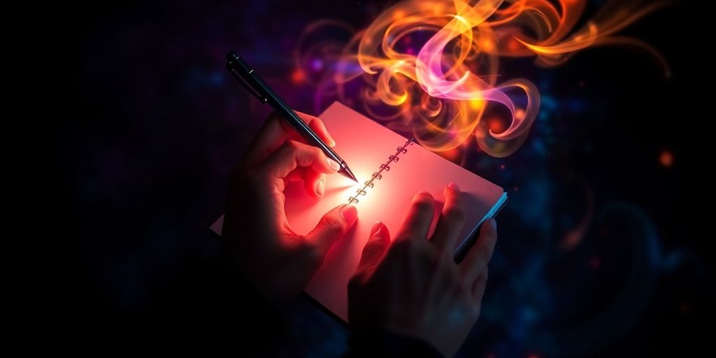 Person writing with a glowing pen.