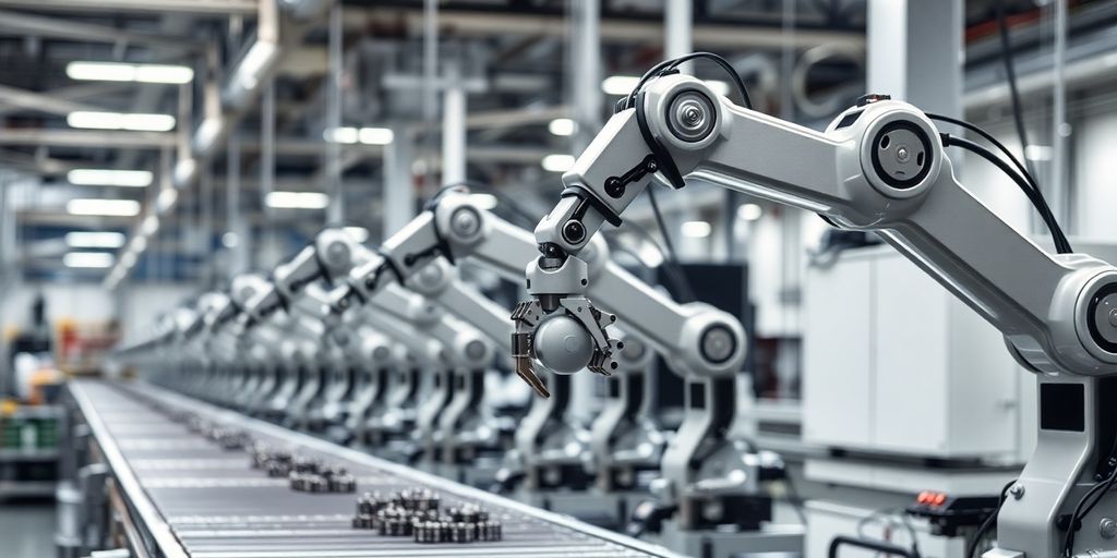 Robotic arms working efficiently in a modern factory.
