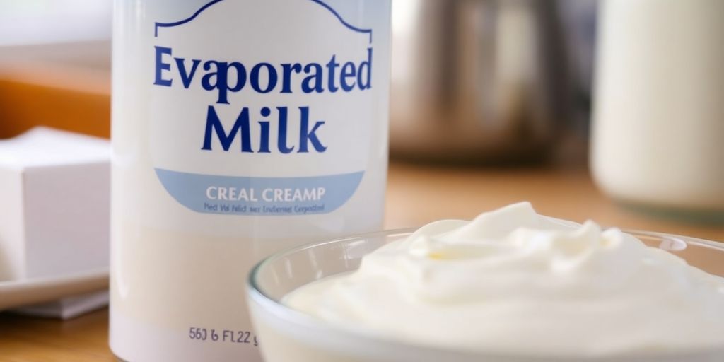 Evaporated milk and heavy cream in a kitchen setting.