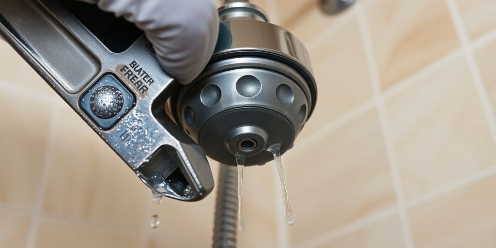 Hands holding wrench, removing old shower head.