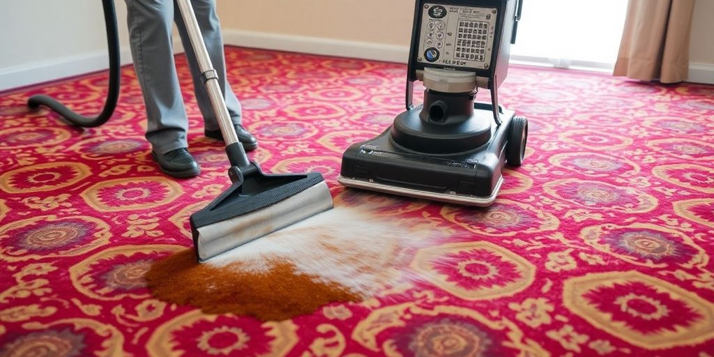 Carpet cleaner working on a colorful patterned carpet.