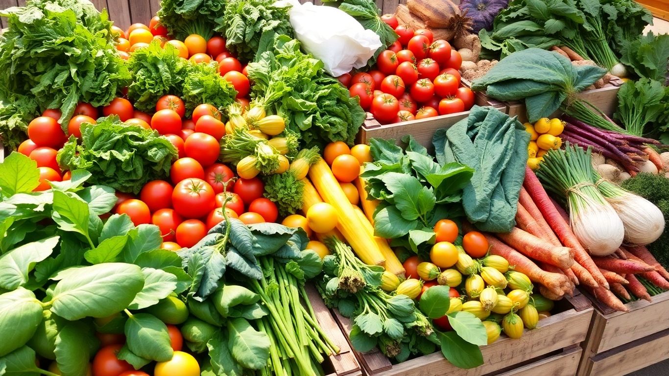 Légumes bio frais et colorés dans des caisses en bois.