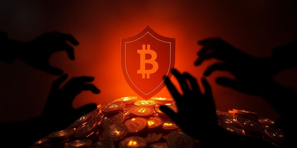 Shield protecting digital coins from shadowy figures.