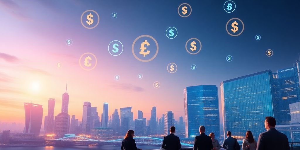 Futuristic city with digital currency icons in the sky.