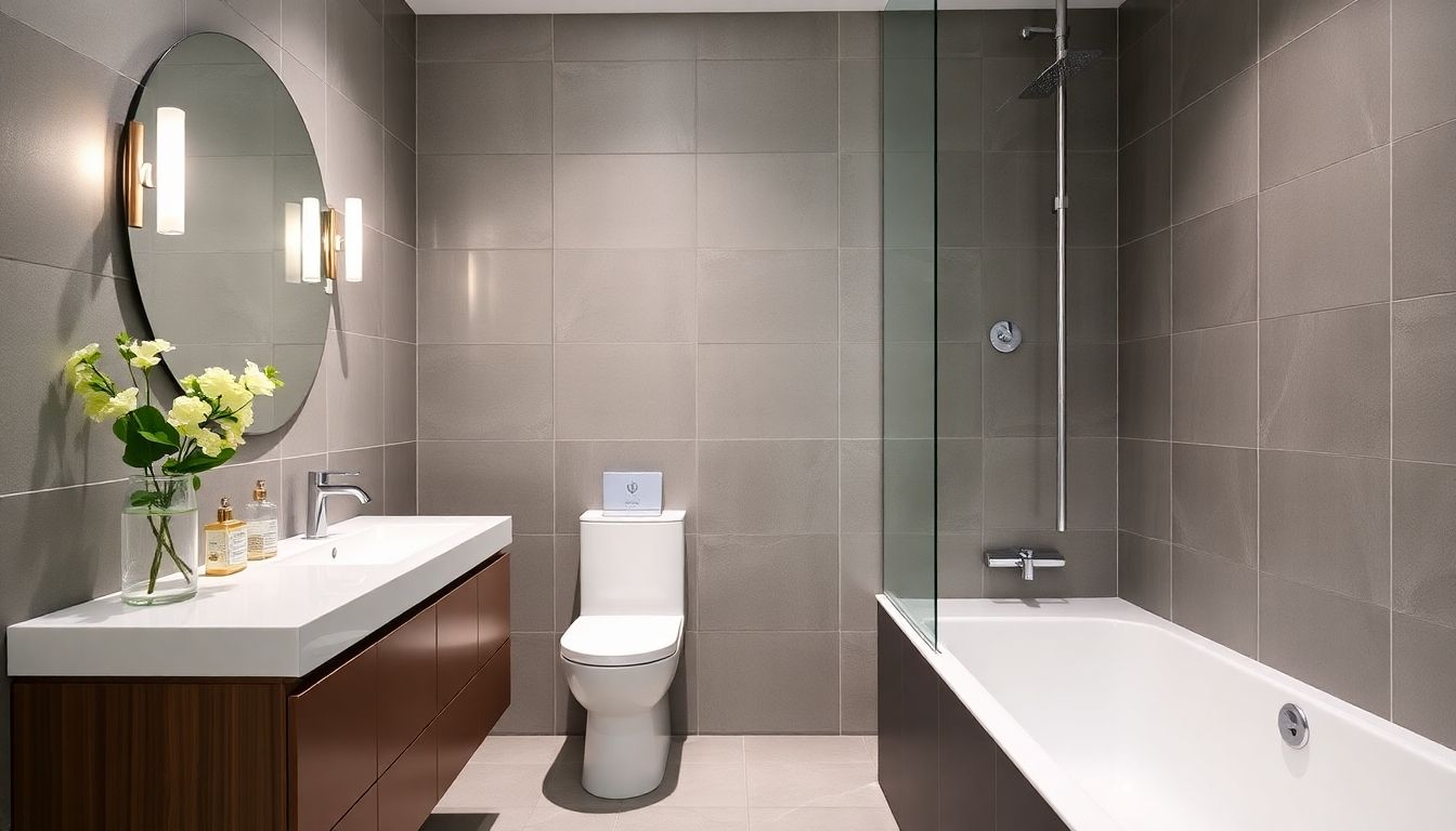 London bathroom with mixed matt and gloss tiles.