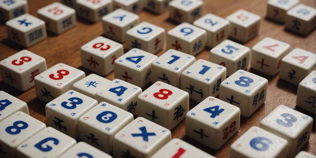 Close-up of Mahjong tiles with numbers, arranged on a wooden table, perfect for beginners learning the game.