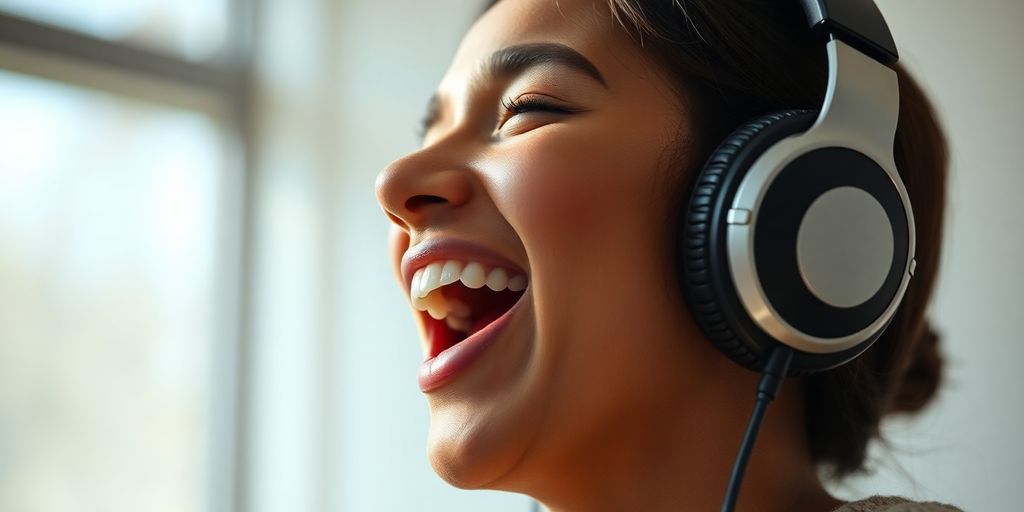 Person singing with headphones, enjoying online voice training. Voice Training Online