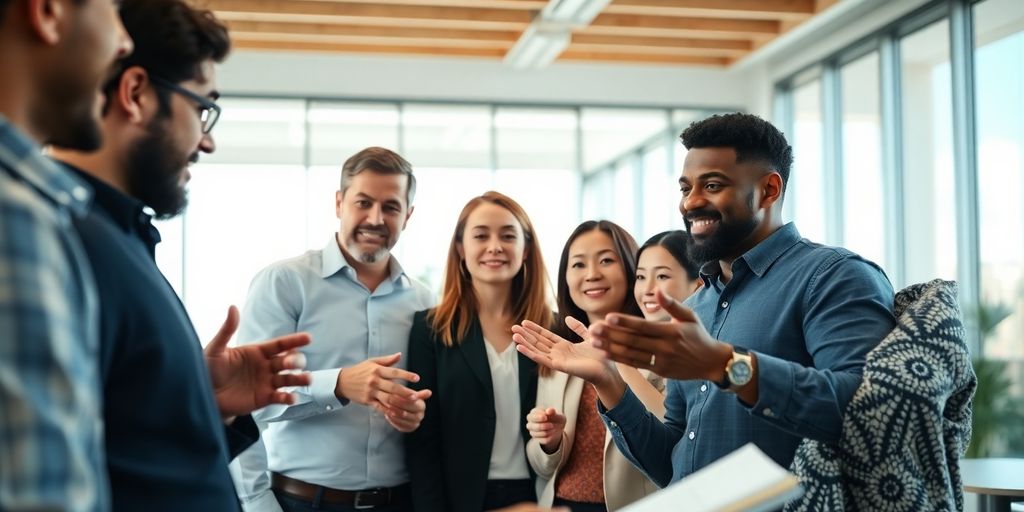 Diverse group of people collaborating in a modern financial office.
