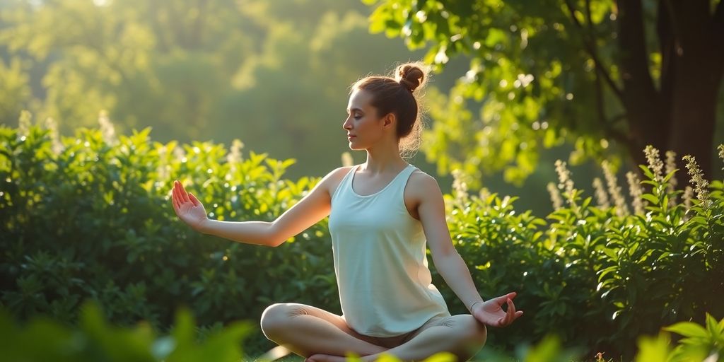 Person doing yoga in a peaceful morning setting.