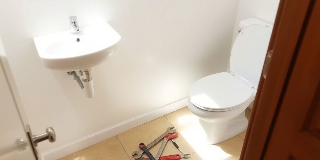 Tools and bathroom fixtures laid out for installation.