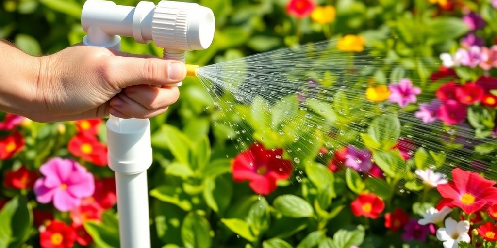 Gärtner justiert DIY-Sprühdüse an grünen Gartenpflanzen mit Wassertropfen im Morgenlicht
