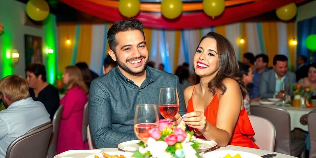 Couple celebrating engagement party with friends and decorations.