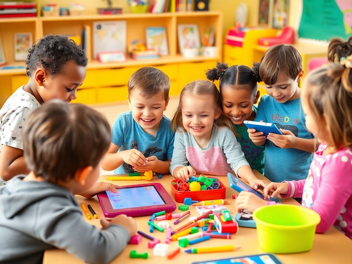 Copii jucându-se și explorând creativitatea prin jocuri interactive.