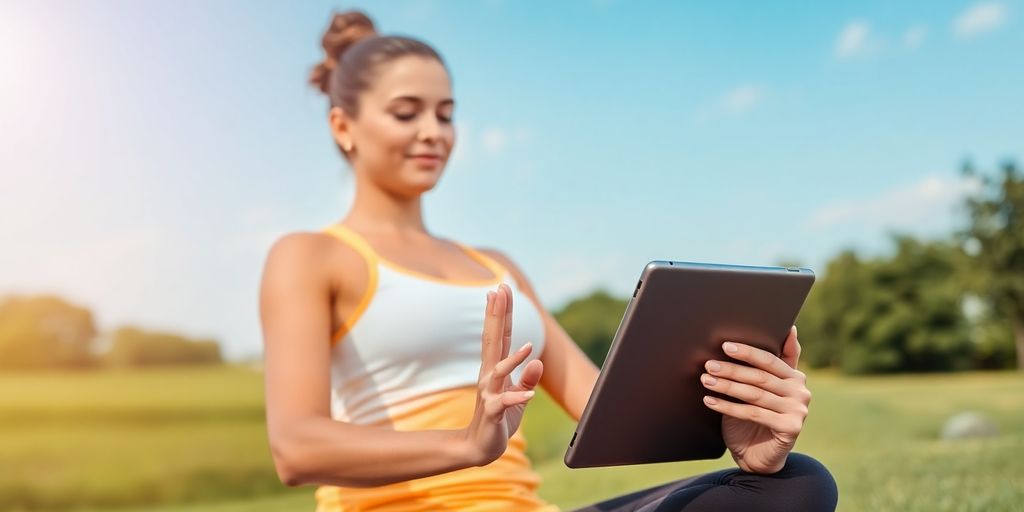 Person using tablet while doing yoga outdoors.