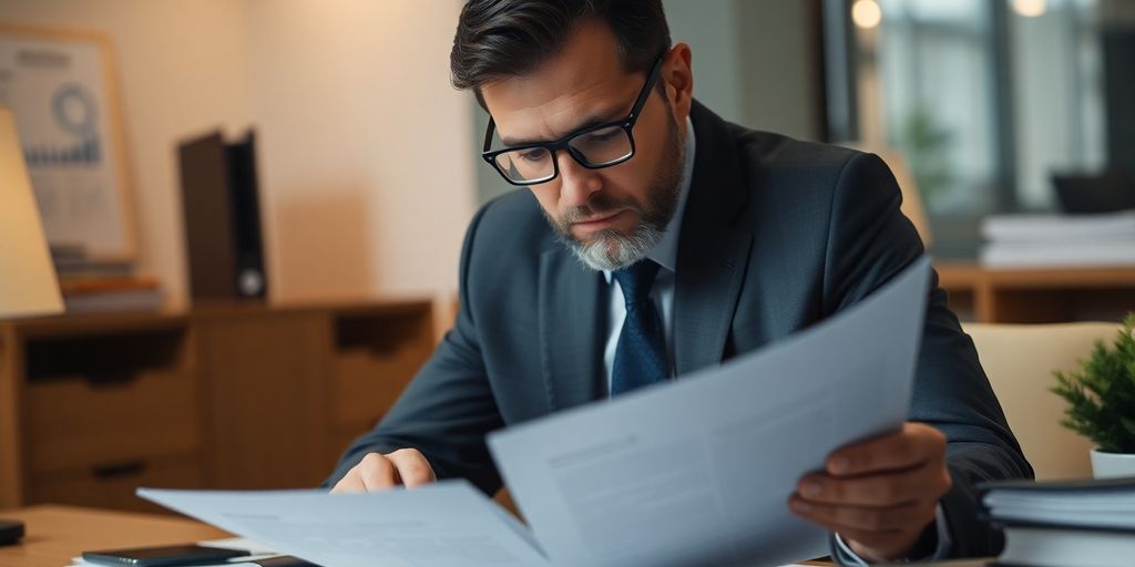 Businessman reviewing financial documents with calm focus.
