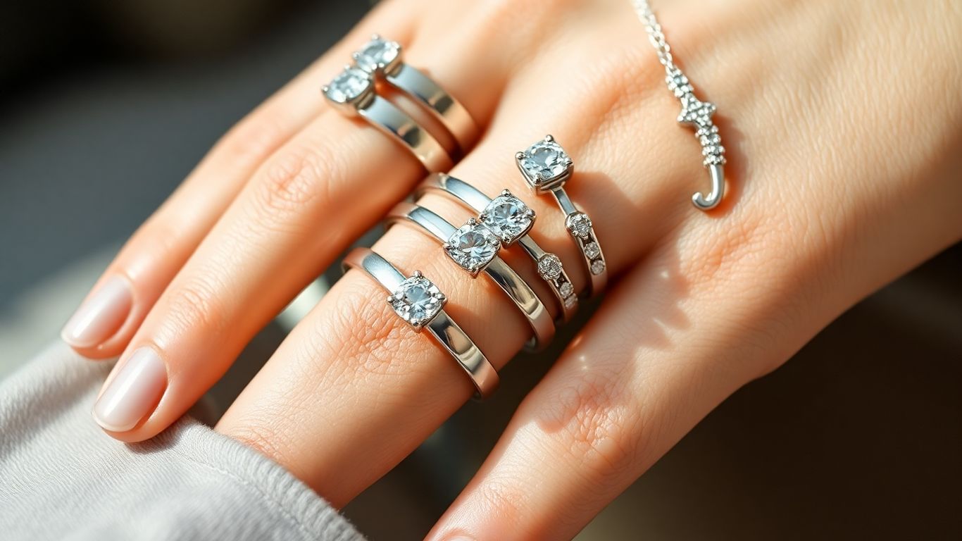 Joias de platina usadas em uma mão feminina elegante.