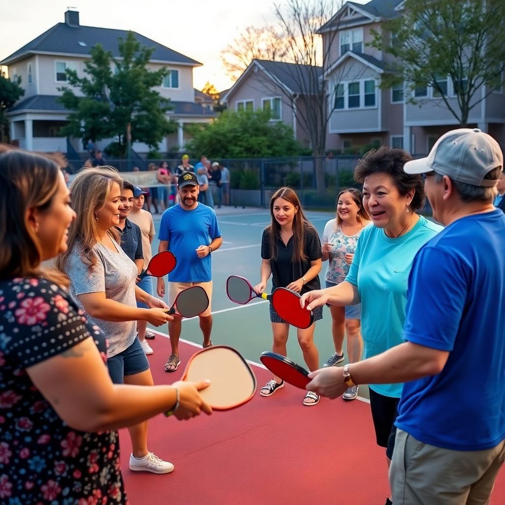 Diverse players enjoying a community pickleball game outdoors.