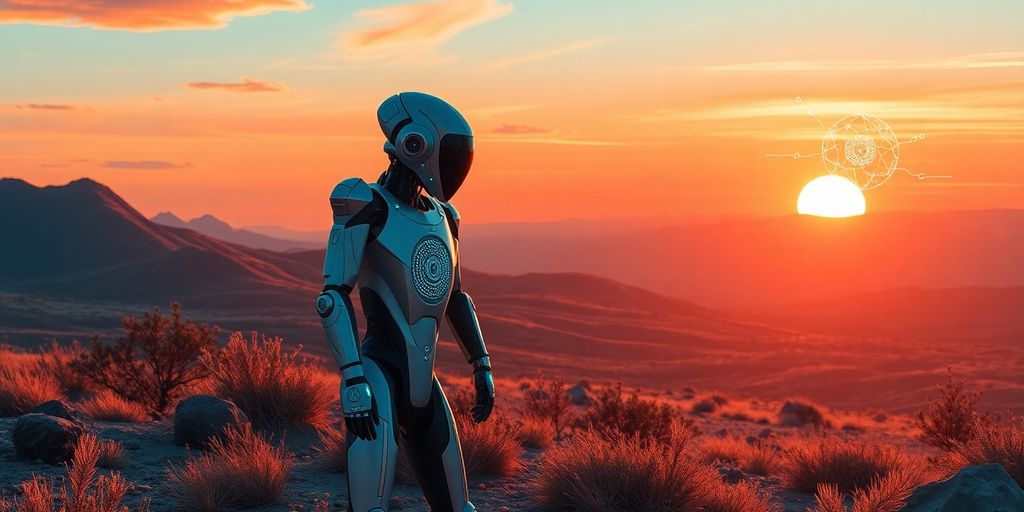 Futuristic landscape with advanced AI technology and robots.