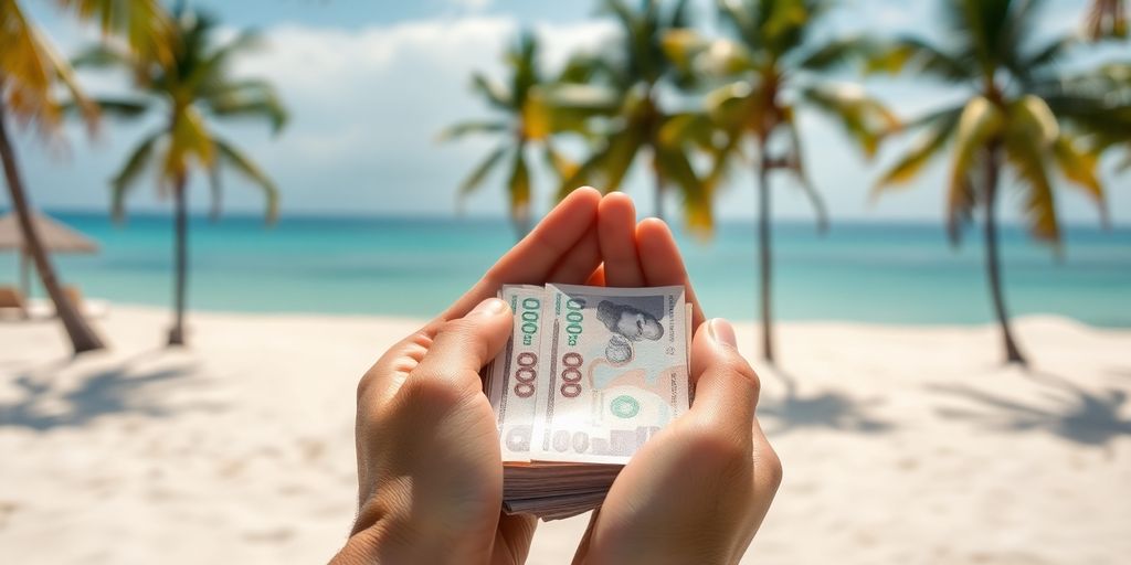 Person holding cash, relaxing on a tropical beach