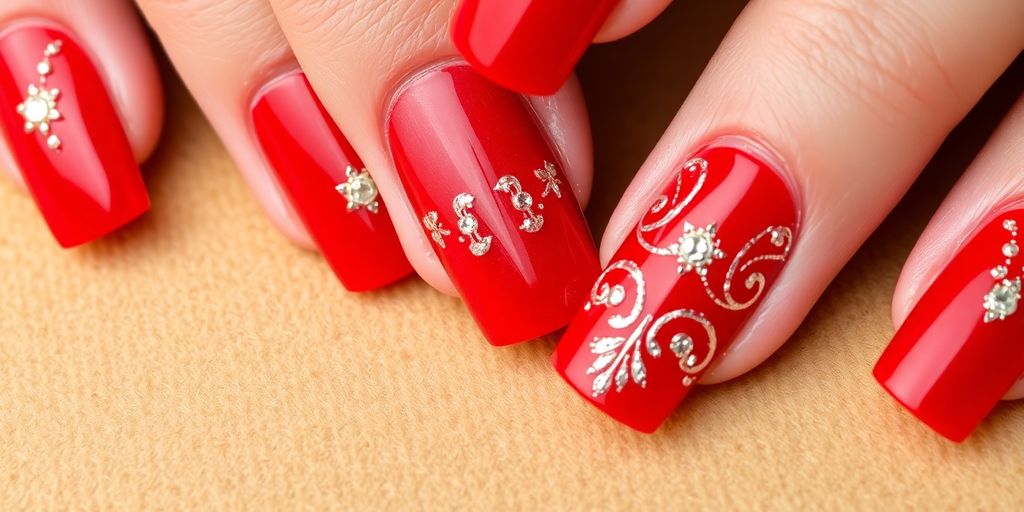 Unhas vermelhas decoradas com detalhes brilhantes.