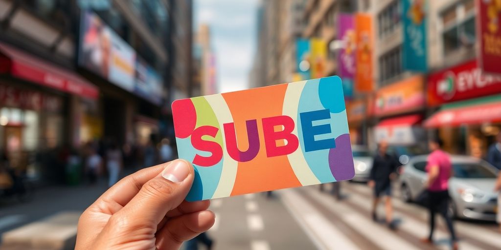 Tarjeta SUBE em mão com fundo urbano desfocado.