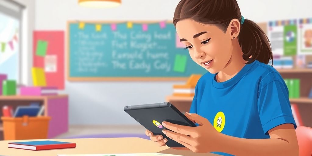 Student using tablet for Reading Eggs in classroom.