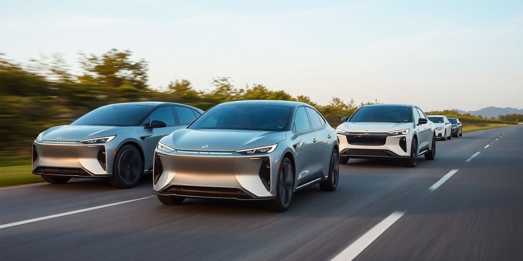 XPeng, Lucid, and Nio electric cars in motion.