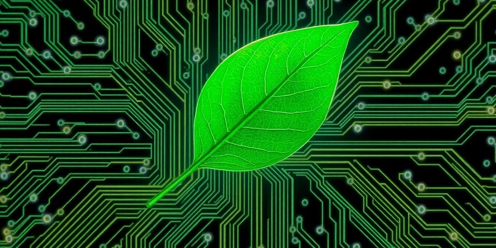 Glowing circuit board with a green leaf superimposed.