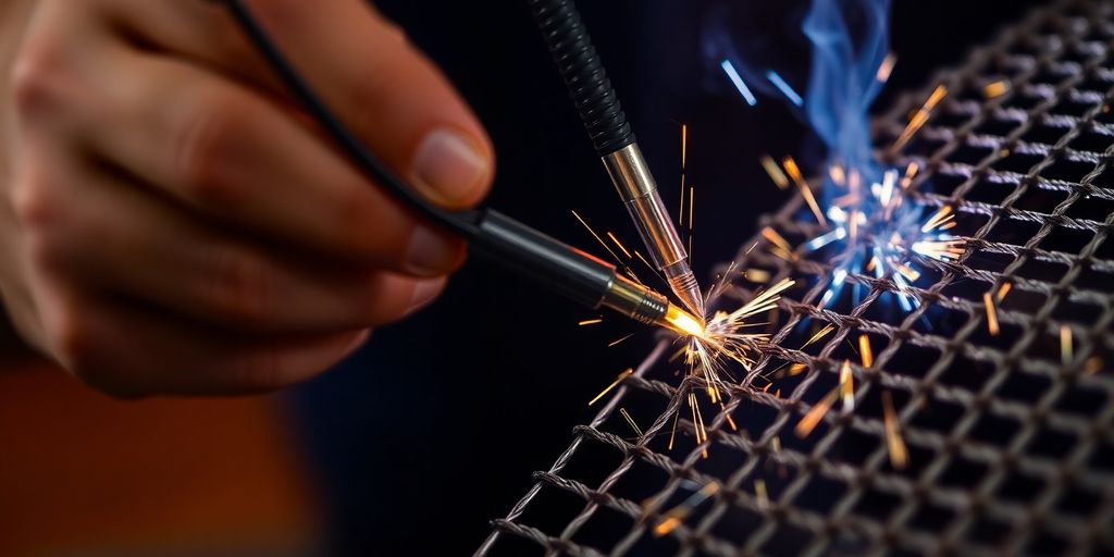 Welder soldering woven wire mesh with a soldering iron.