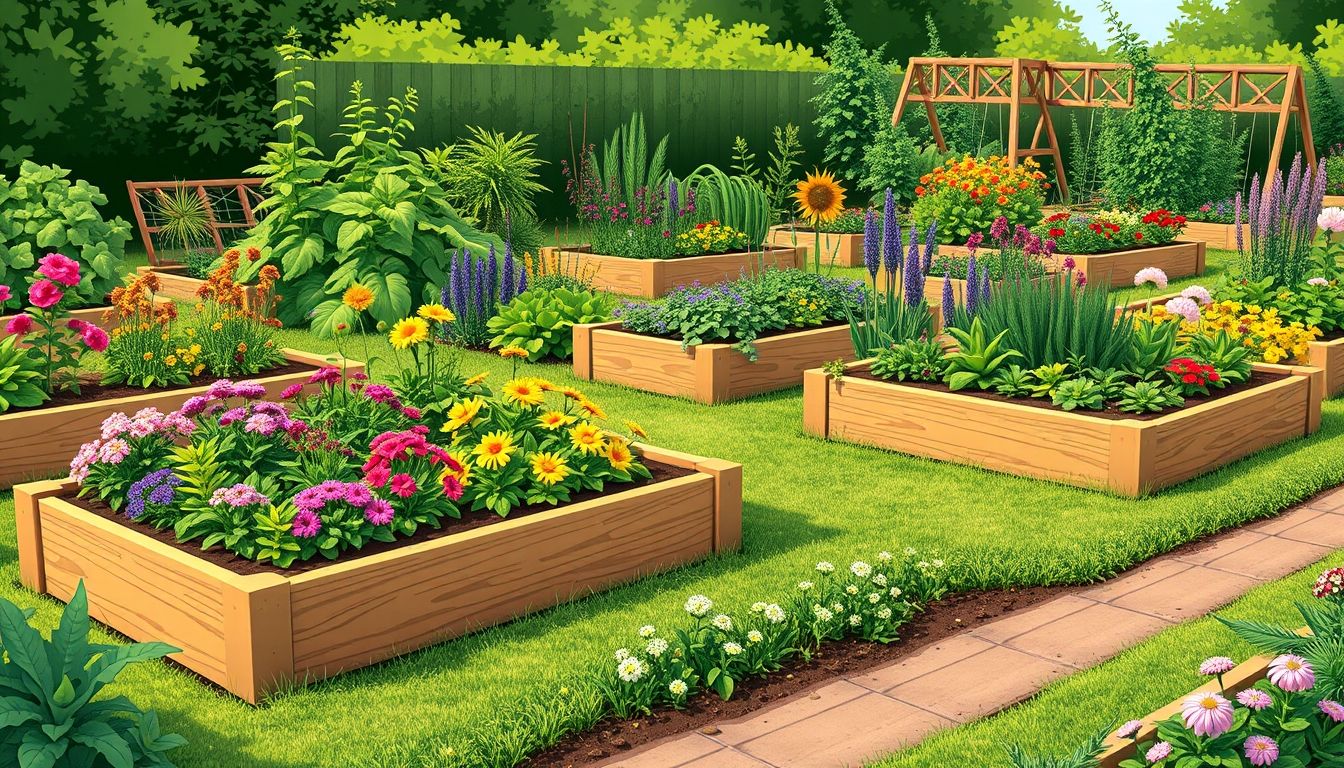 Wooden raised beds in a lush garden