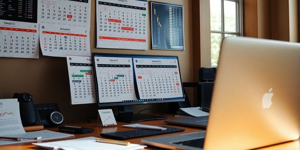 Trader's desk with calendars and trading tools.