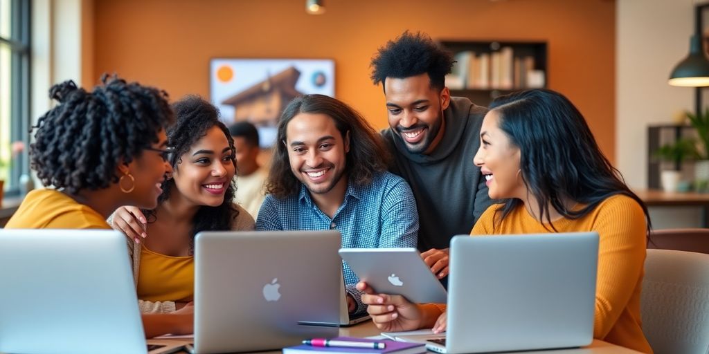 Diverse learners collaborating in an online course setting.