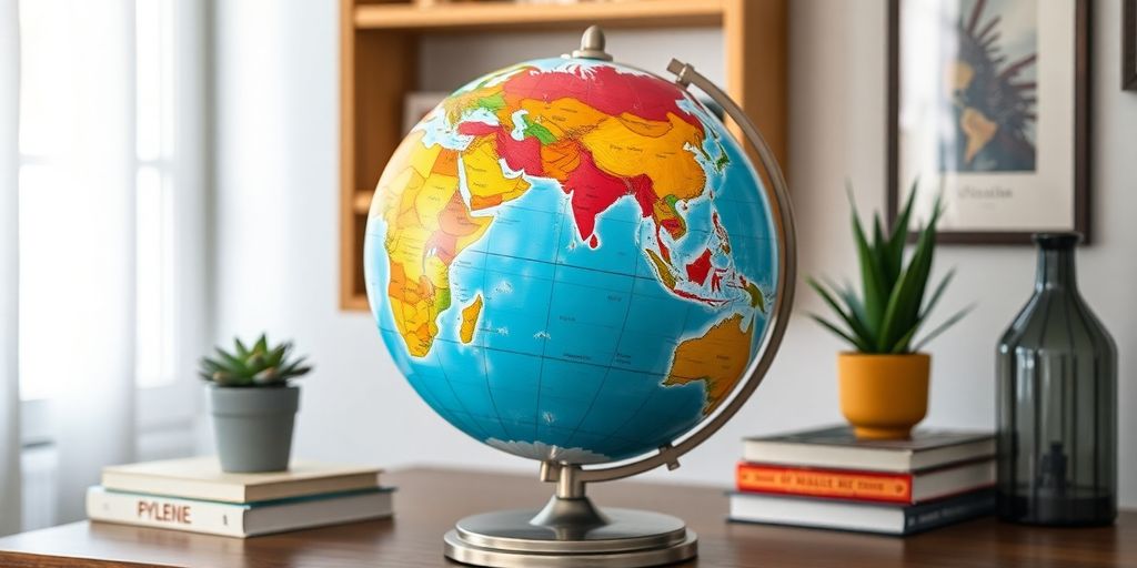 A decorative globe on a stylish wooden desk.