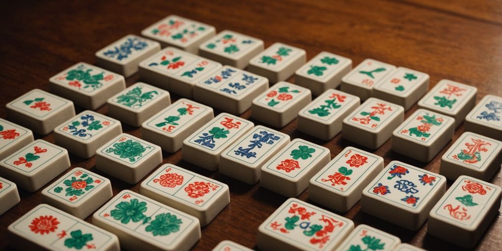 Various Mahjong tiles in different sizes on a table.