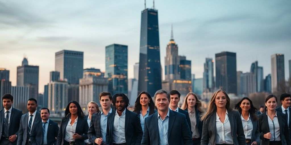 Chicago skyline, diverse professionals