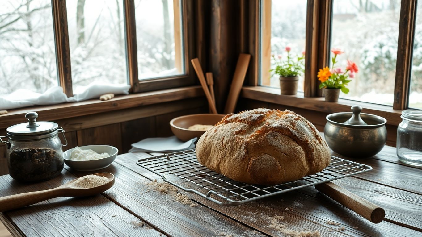 Fresh bread by window with snow and flowers outside