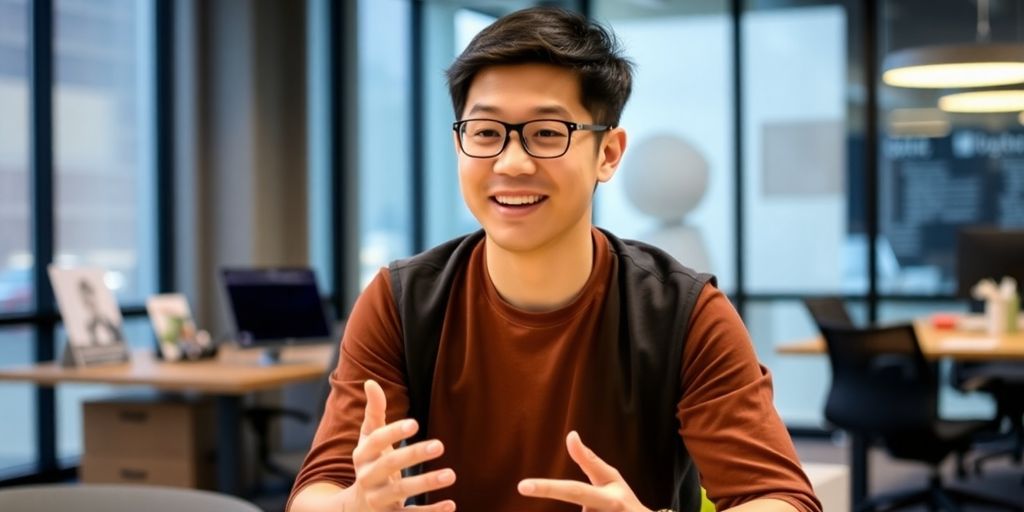Garry Tan in a modern office, engaging in conversation.