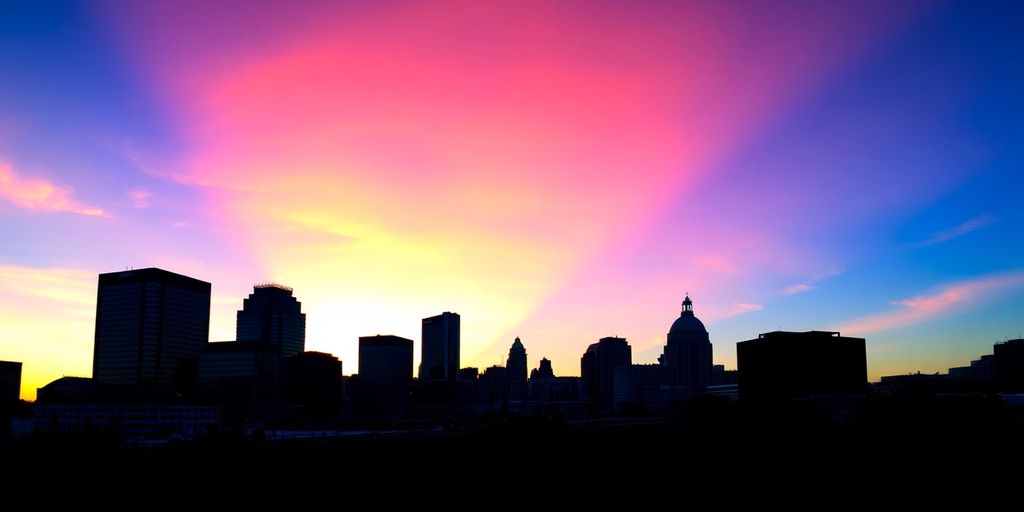 Nashville skyline at sunset with trees in foreground.