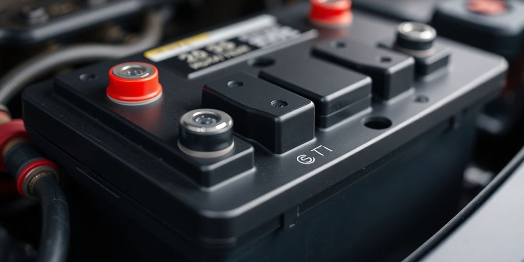 Close-up of a car battery with corrosion on terminals.