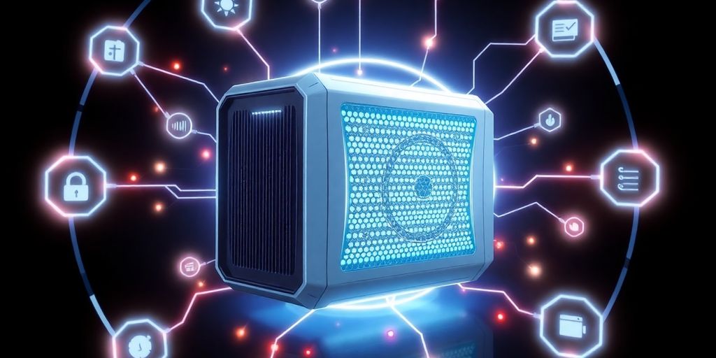 Futuristic energy storage device with glowing technology elements.