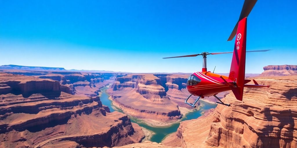 A red Papillon helicopter flying over the Grand Canyon.