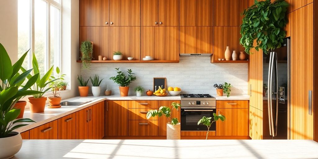 Kitchen with wood cabinets, stone countertops, lush greenery.
