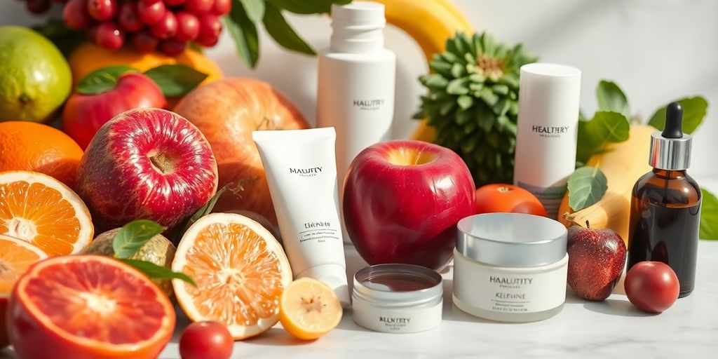 Fresh fruits, vegetables, and skincare products in soft light.